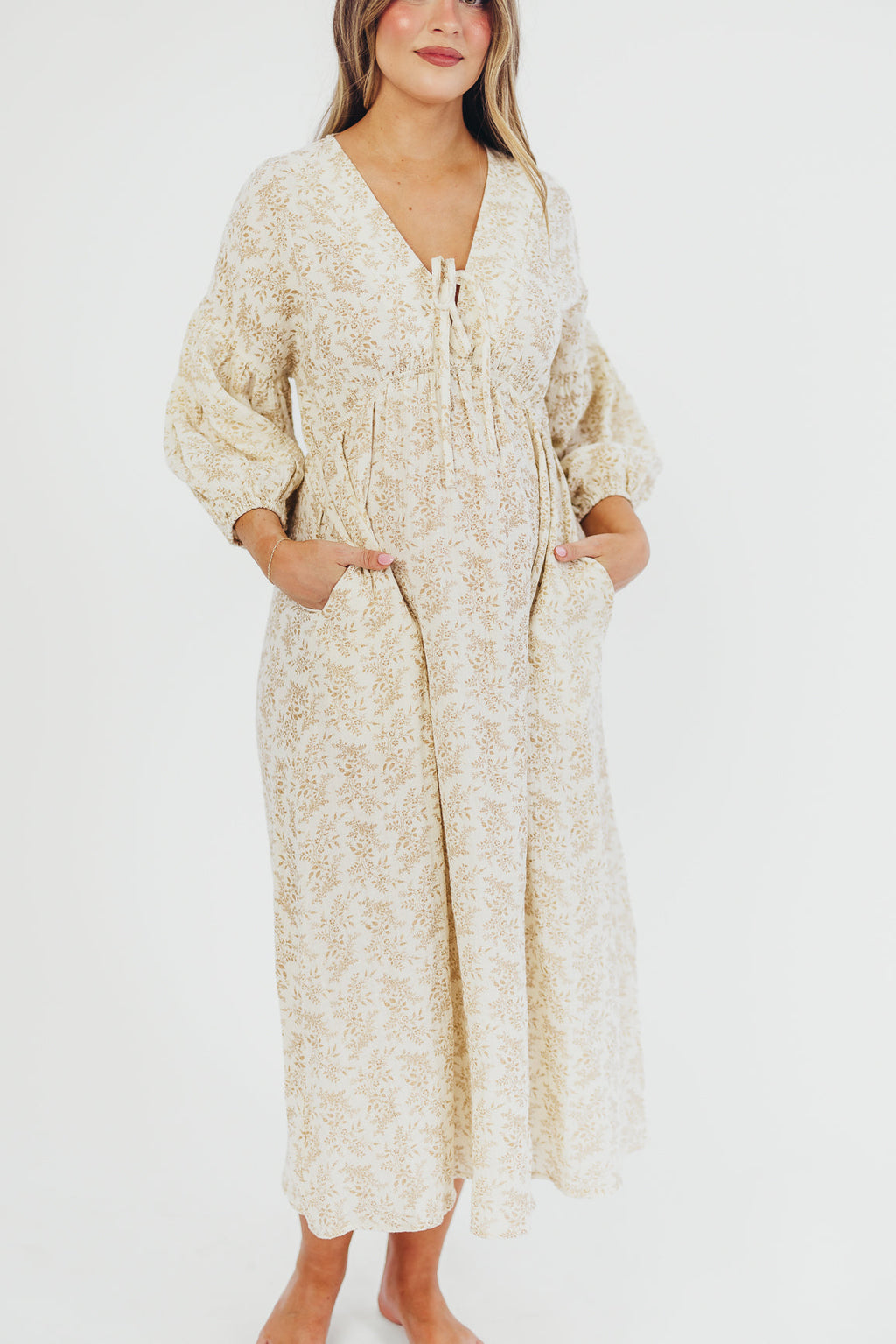 Hunter 100% Cotton Gauze Midi Dress in Natural/Tan Floral - Bump Friendly *9/22 PRE-ORDER*