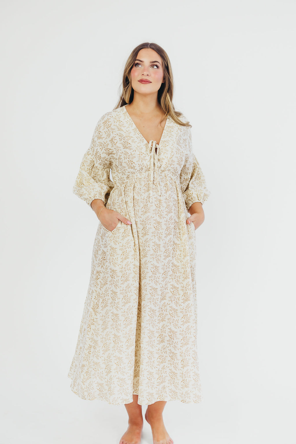 Hunter 100% Cotton Gauze Midi Dress in Natural/Tan Floral - Bump Friendly *9/22 PRE-ORDER*
