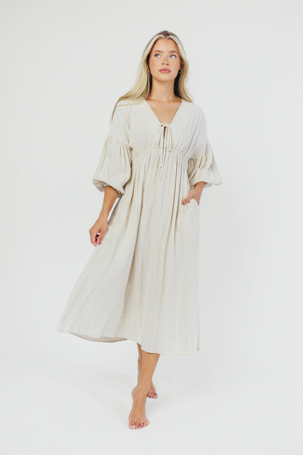 Hunter Linen-Blend Midi Dress in Greige - Bump Friendly *9/22 PRE-ORDER*