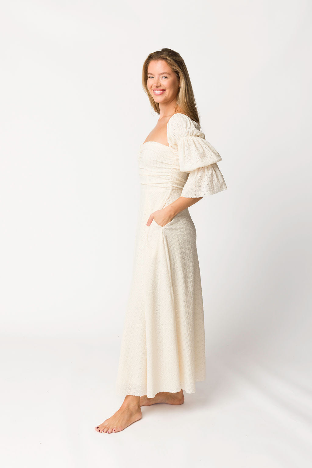 Corrine Tiered Sleeve Maxi Dress with Pockets in Ivory Cream - Bump Friendly
