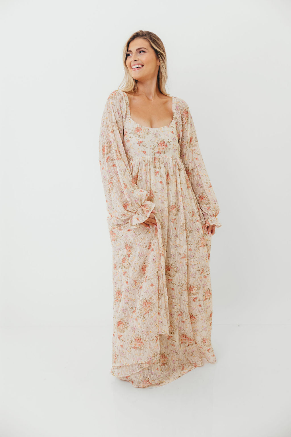 Rosey Woven Floral Print Empire Maxi Dress in Cream Multi - Bump Friendly *9/12 PRE-ORDER*