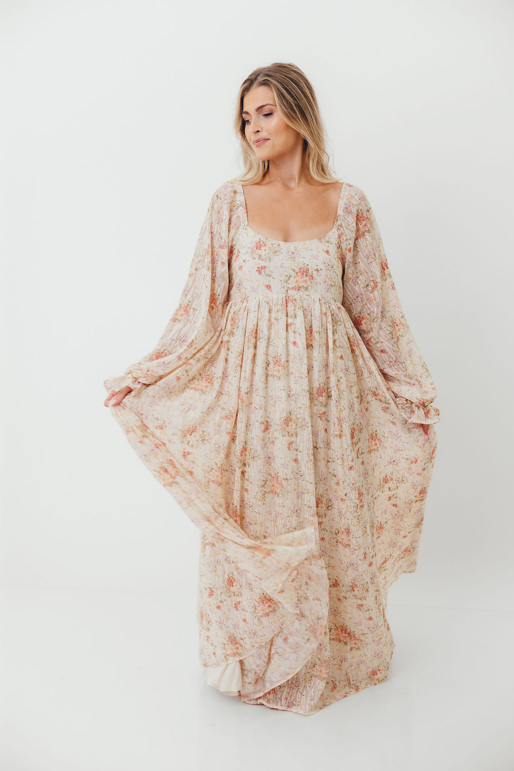 Rosey Woven Floral Print Empire Maxi Dress in Cream Multi - Bump Friendly *9/12 PRE-ORDER*