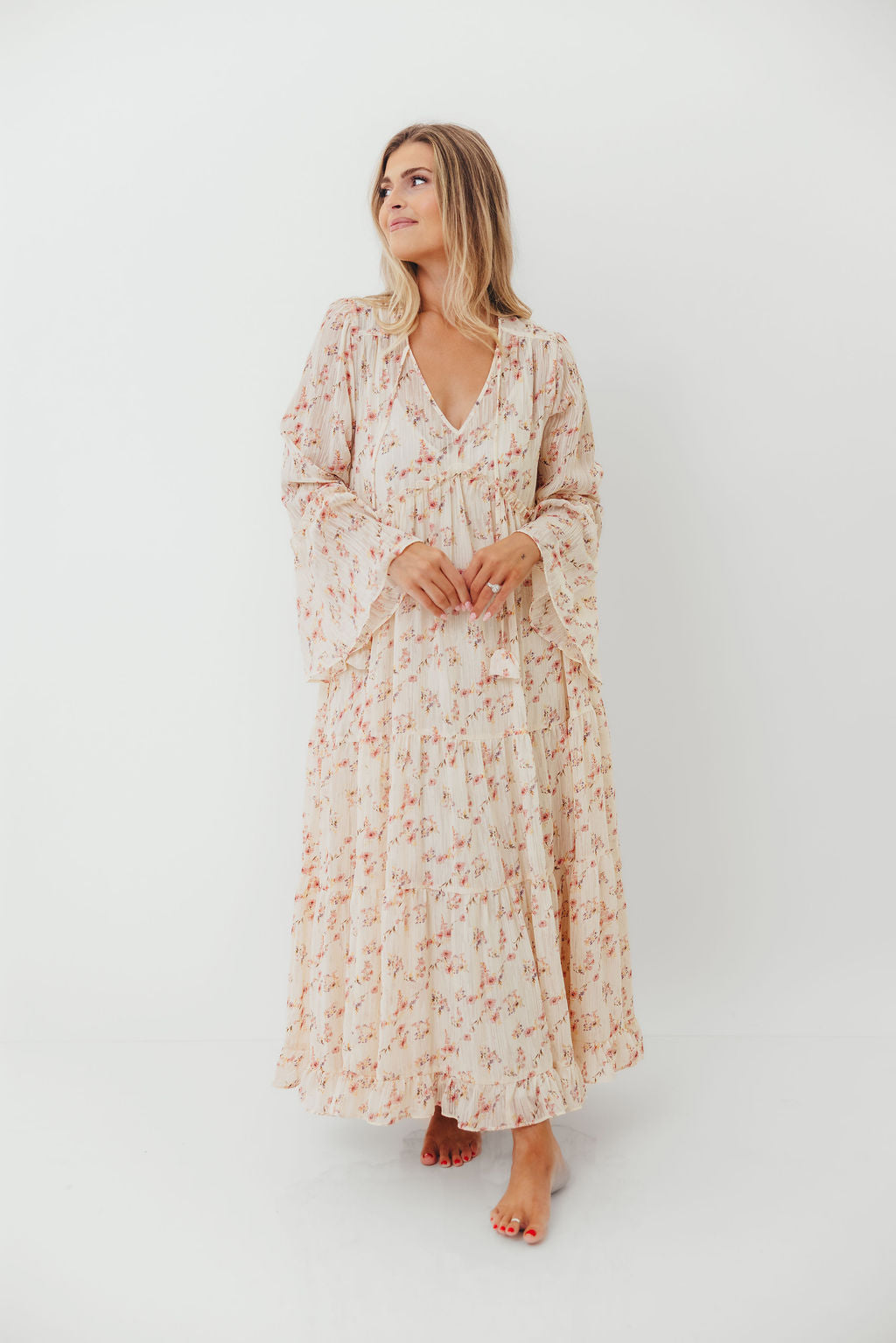 Lisa Woven Floral V-Neck Maxi Dress in Cream Multi - Bump Friendly *9/12 PRE-ORDER*