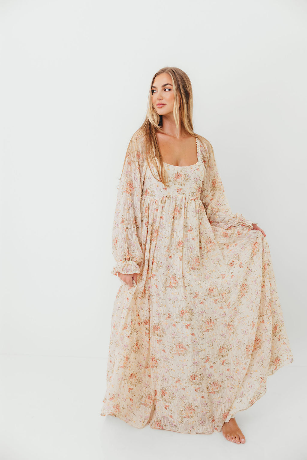 Rosey Woven Floral Print Empire Maxi Dress in Cream Multi - Bump Friendly *9/12 PRE-ORDER*