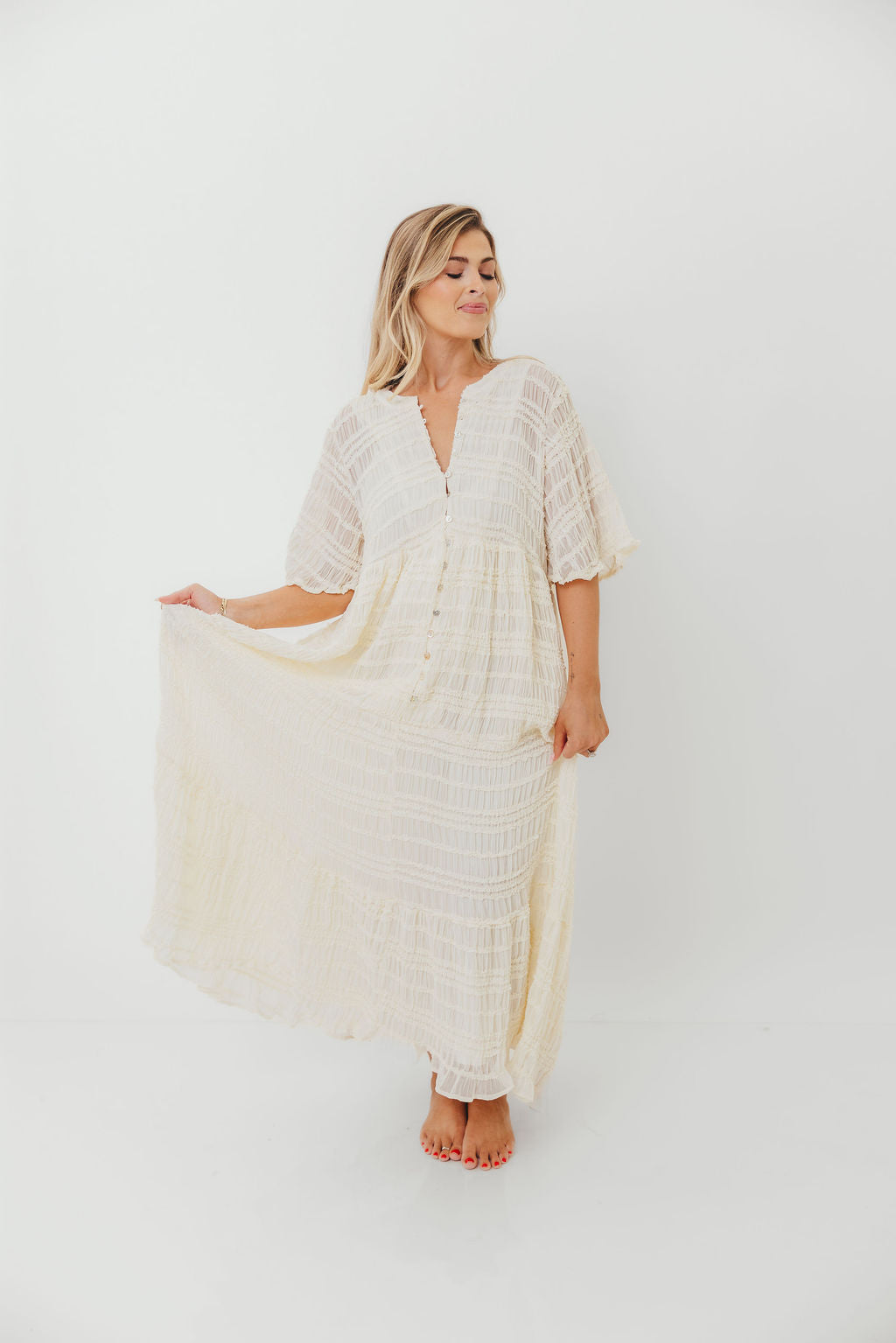 Kristin Tiered Woven Maxi Dress in Ivory - Bump Friendly - Detachable Liner